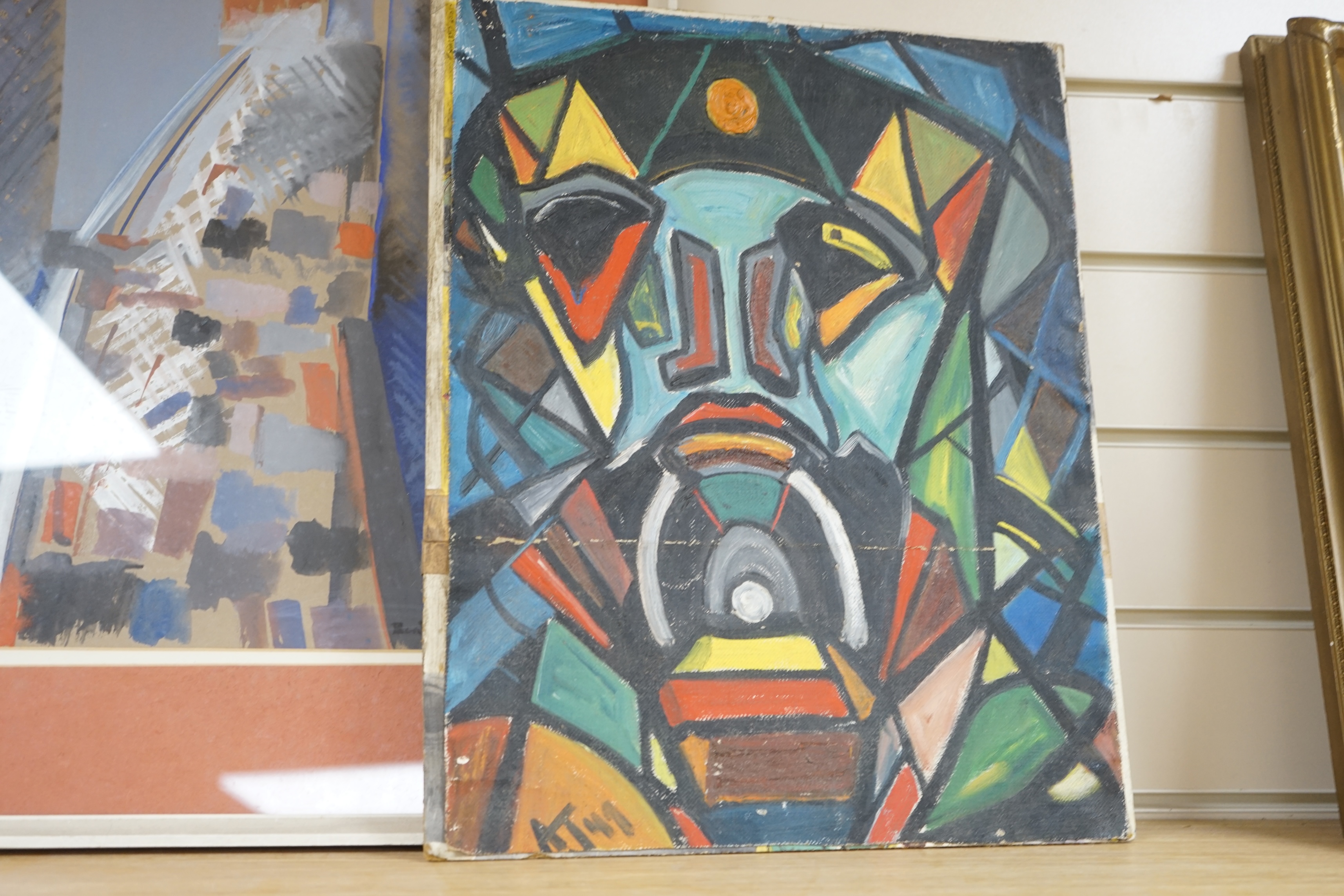 Mixed media on paper, Abstract composition, together with an unframed oil on board, Abstract study of a figure, signed A.T and dated ‘49, largest 39 x 27cm. Condition - mixed media fair, oil poor